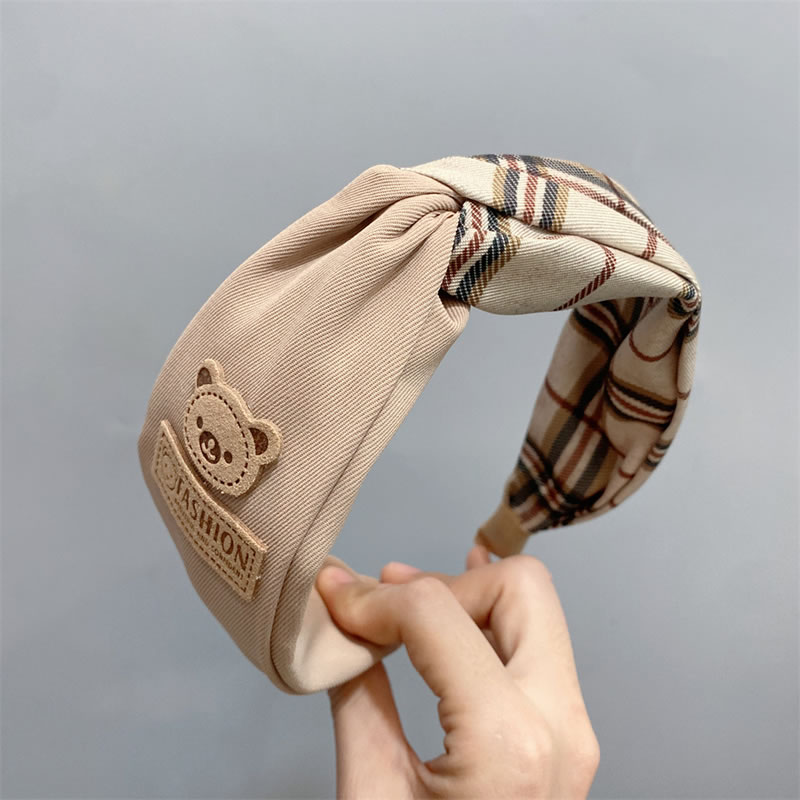 Fashion Khaki Fabric Plaid Color Matching Knotted Bear Wide-brimmed Headband