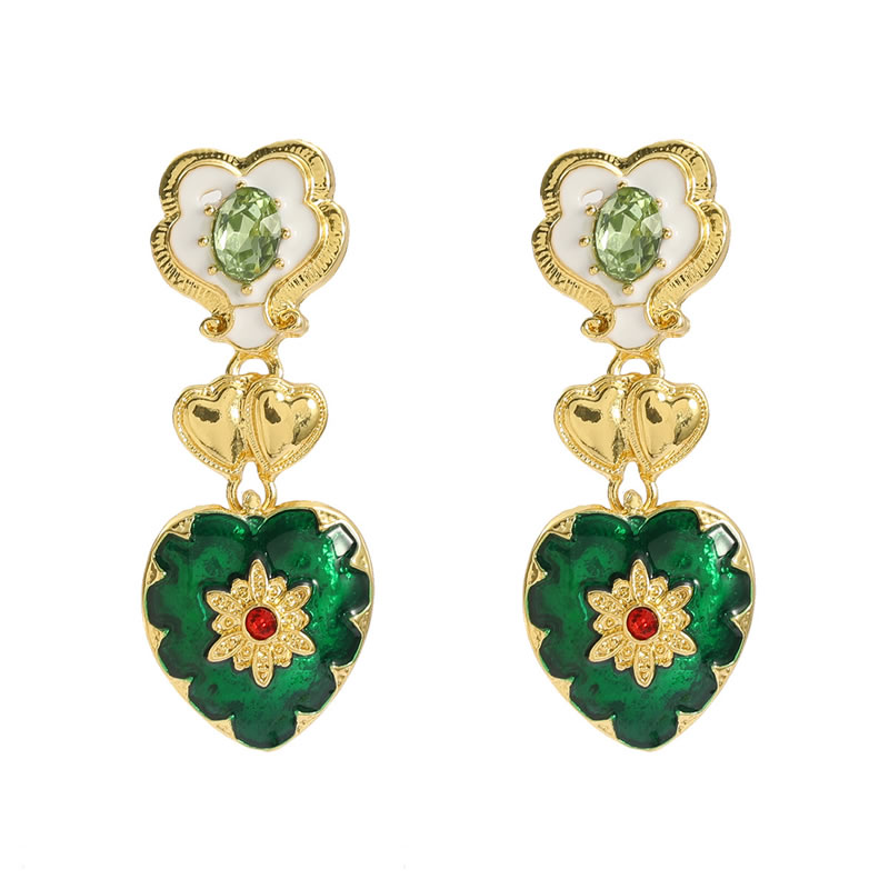 Fashion Green Color Alloy Diamond Drip Oil Heart Flower Earrings