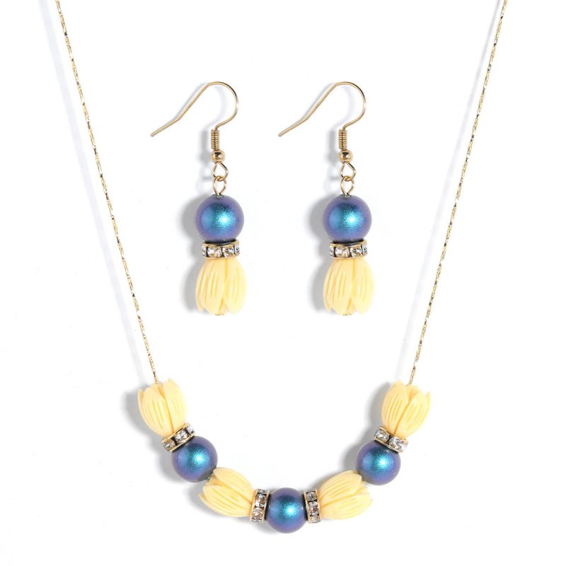 Fashion Blue Geometric Jasmine Pearl Earrings Necklace Set