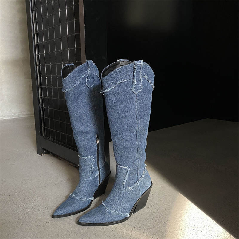 Fashion Blue Fabric Pointed Toe Block Heel Side Zip Boots