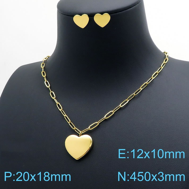 Fashion Gold Titanium Steel Heart Stud Earrings Necklace Set