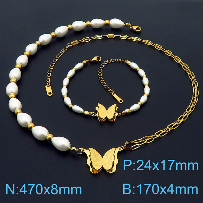 Fashion Gold Suit Ks203898-ksp Titanium Steel Pearl Chain Butterfly Bracelet Necklace Set