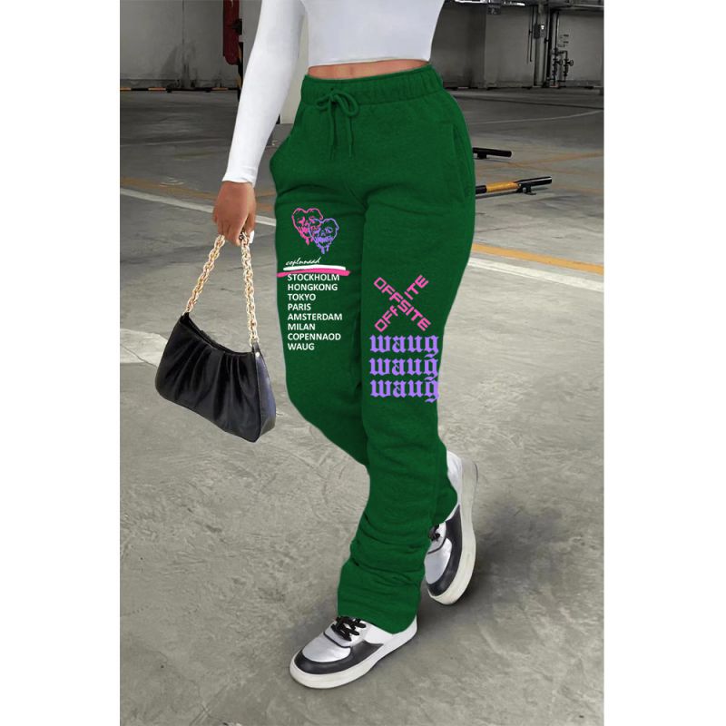 Fashion Dark Green Polyester Print Lace-up Pile Trousers