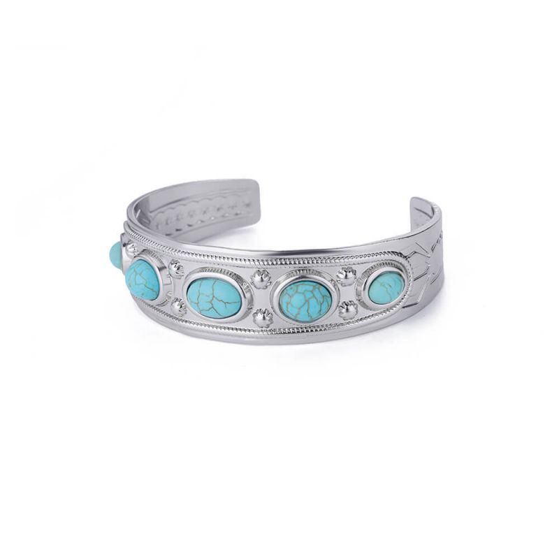Fashion Platinum Metal Oval Turquoise Cuff Bracelet