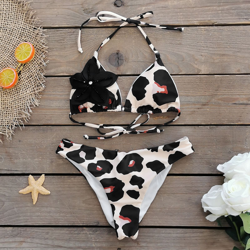 Fashion Leopard + Black Flower Polyester Leopard-print Halterneck Tie-up Swimsuit