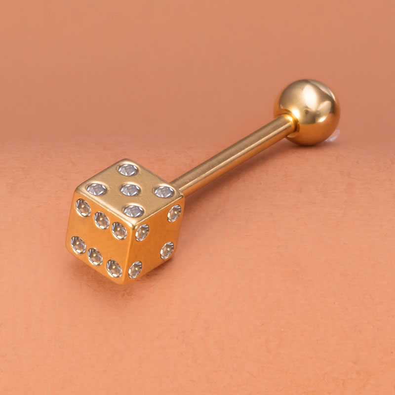 Fashion Gold (2 Pieces) Stainless Steel Inlaid Zirconium Dice Piercing Tongue Nail