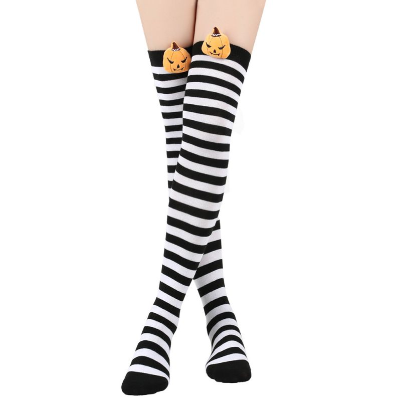 Fashion White And Black Stripes/pumpkin 5 Halloween Card Via Knee Socks  Polyester %28polyester%29