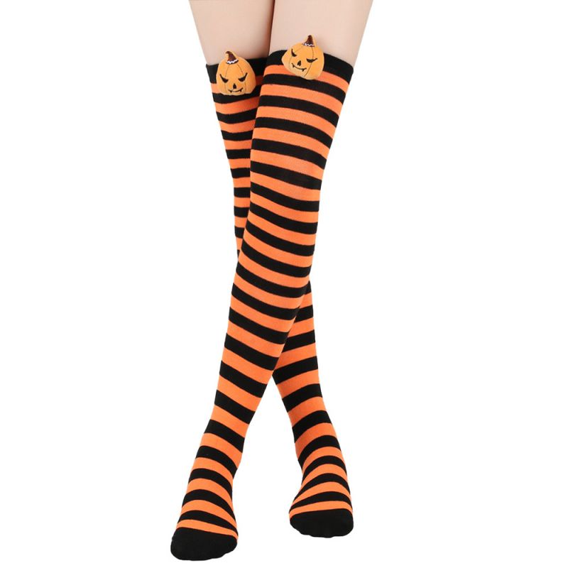 Fashion Orange Black Thin Strips/pumpkin 7 Halloween Card Via Knee Socks  Polyester %28polyester%29