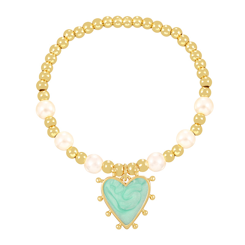 Fashion Green Copper Drip Oil Heart Charm Beaded Pearl Bracelet