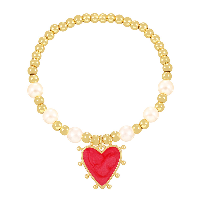 Fashion Red Copper Drip Oil Heart Charm Beaded Pearl Bracelet