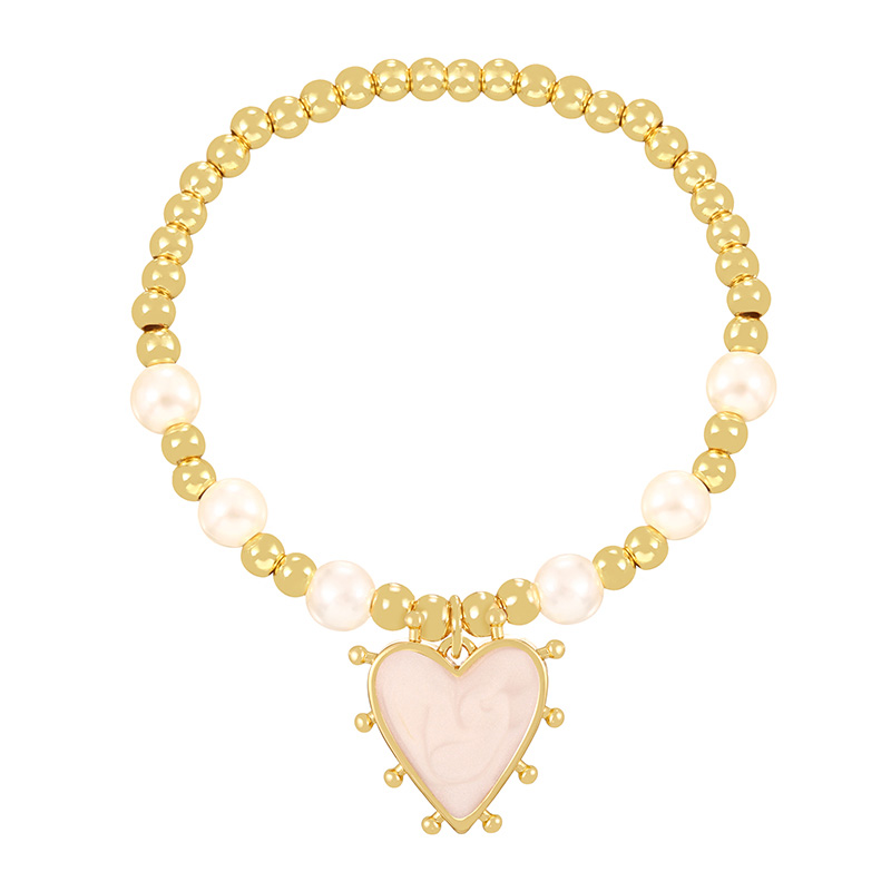Fashion White Copper Drip Oil Heart Charm Beaded Pearl Bracelet