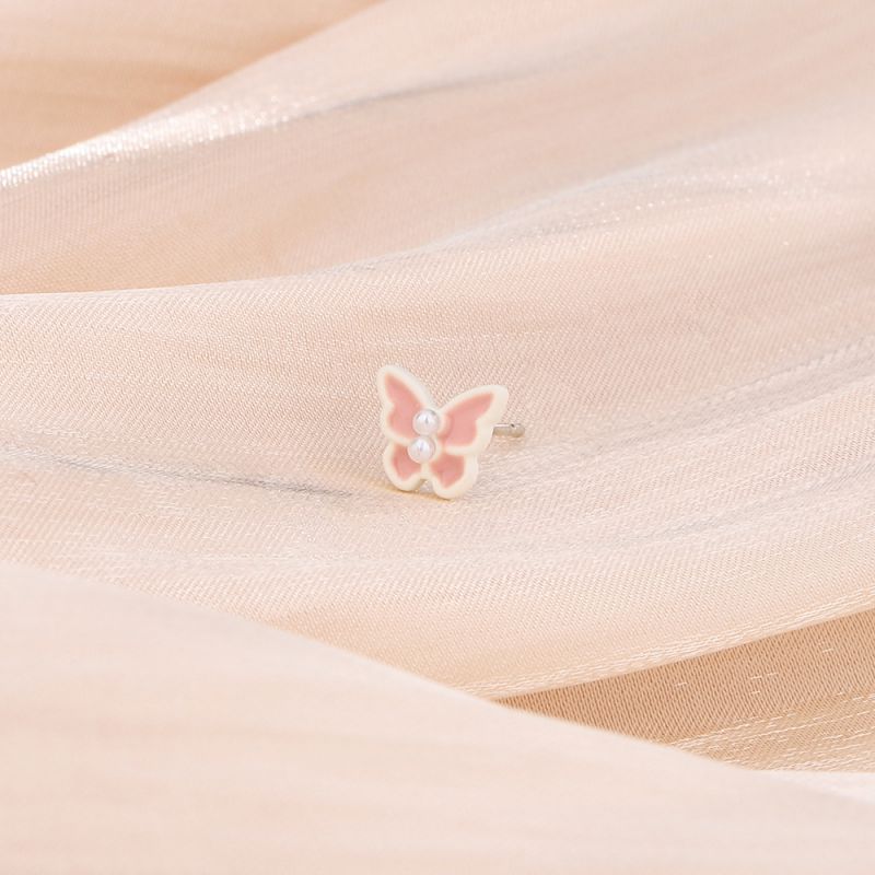 Fashion Pink Pearl Butterfly Stud Earrings Copper Geometric Pearl Butterfly Stud Earrings (single)