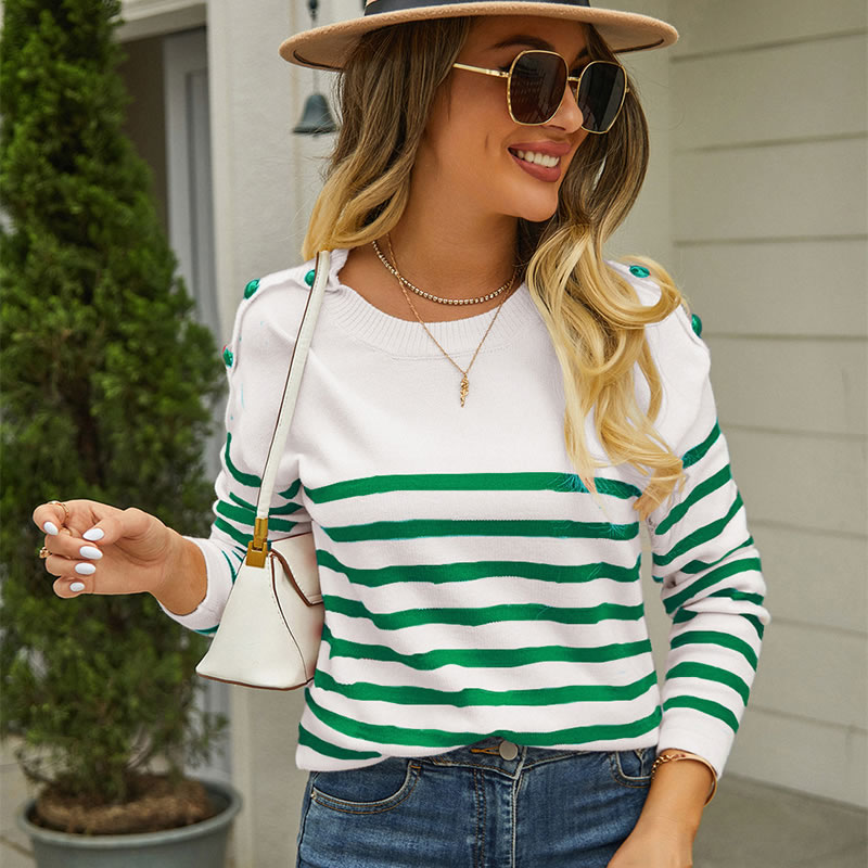 Fashion Green Striped Paneled Knitted Pullover