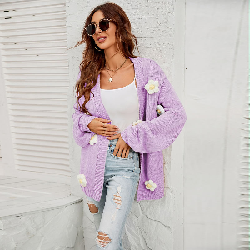 Fashion Purple Acrylic Floral Balloon Sleeve Knit Cardigan Sweater Jacket
