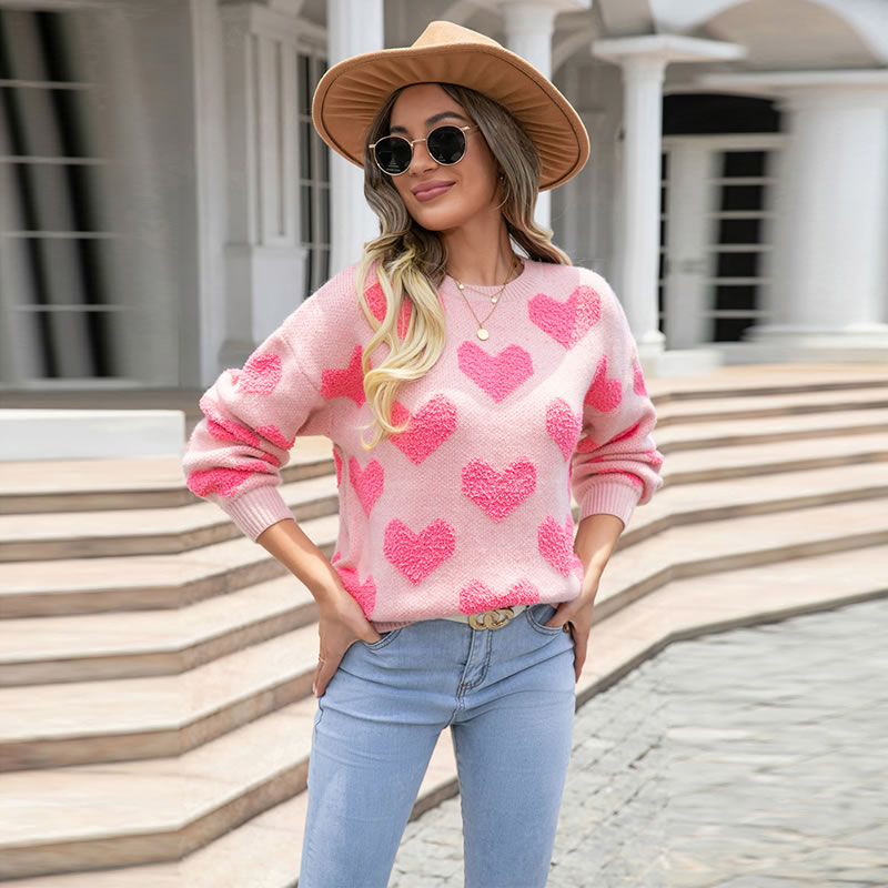 Fashion Pink Crew Neck Knit Hearts Pullover