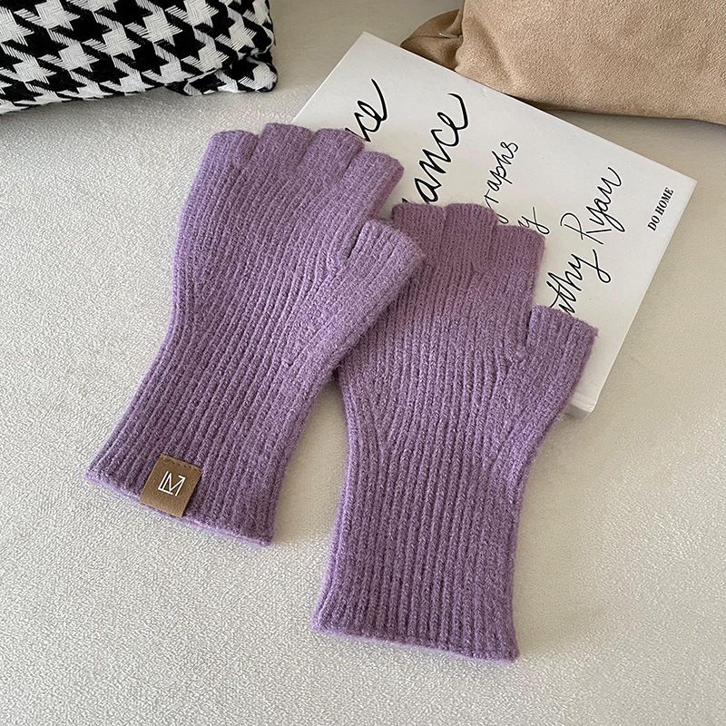 Fashion Taro Purple Polyester Label Knitted Half Finger Gloves