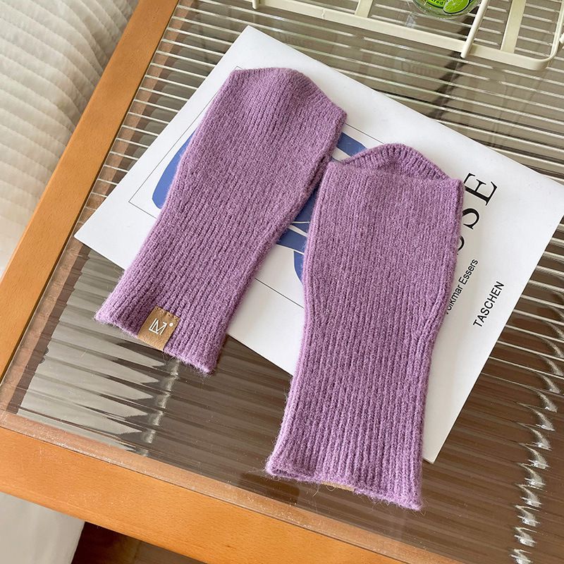 Fashion Taro Purple Polyester Label Knitted Half-finger Woolen Gloves