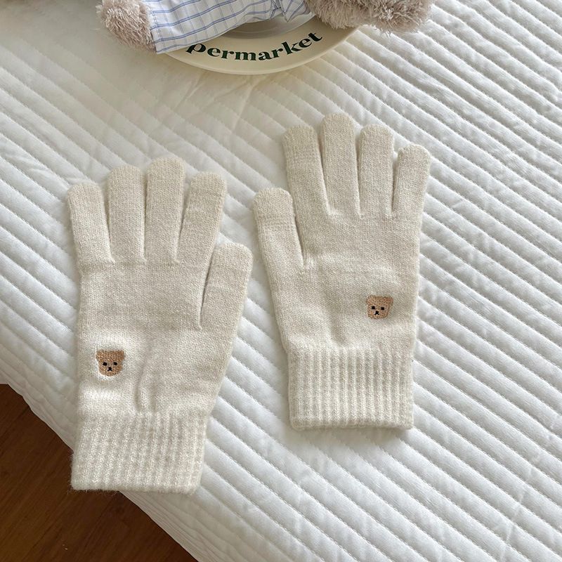 Fashion White Bear Embroidered Knitted Five-finger Gloves