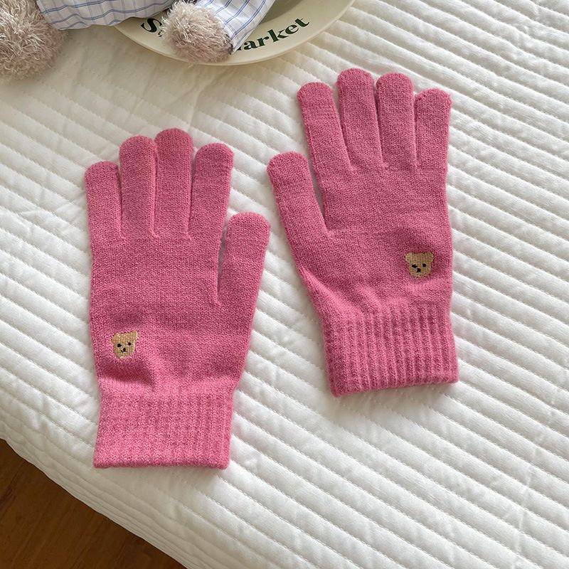 Fashion Pink Bear Embroidered Knitted Five-finger Gloves