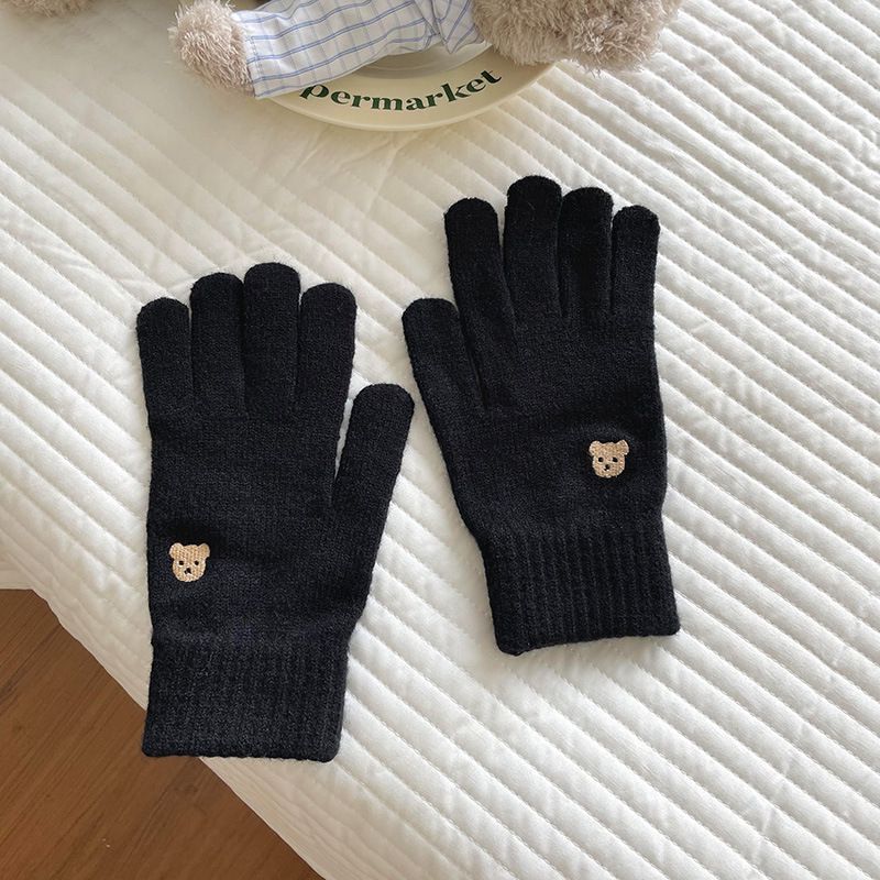 Fashion Black Bear Embroidered Knitted Five-finger Gloves
