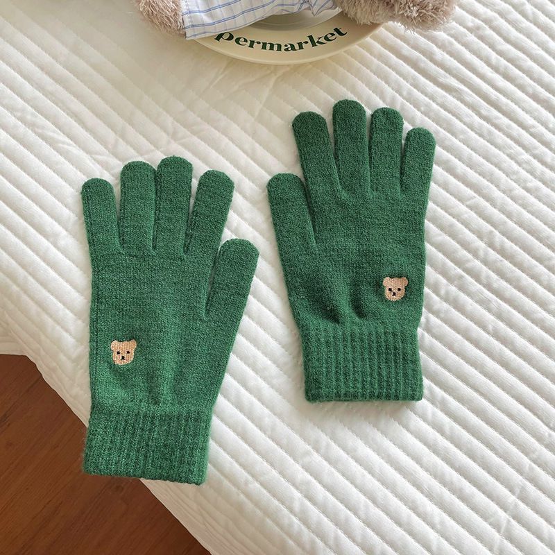 Fashion Dark Green Bear Embroidered Knitted Five-finger Gloves
