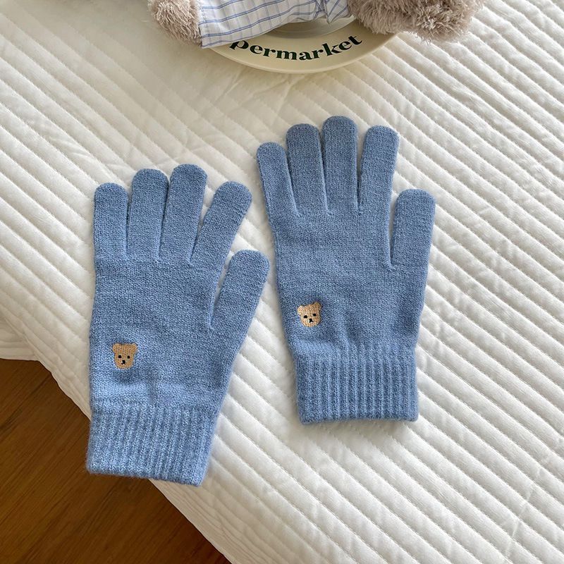 Fashion Fog Blue Bear Embroidered Knitted Five-finger Gloves