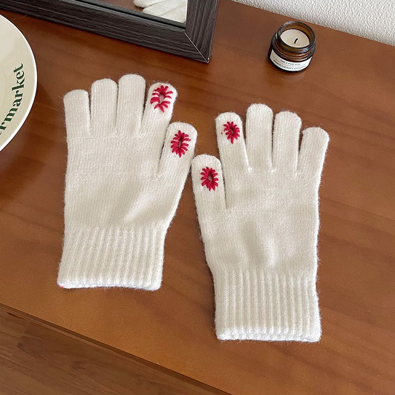 Fashion White Daisy Knitted Touchscreen Gloves