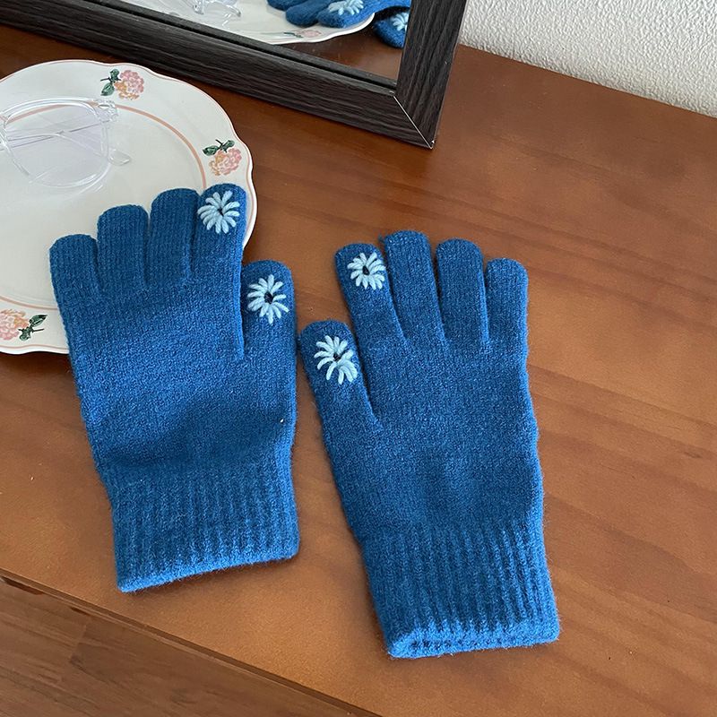 Fashion Royal Blue Daisy Knitted Touchscreen Gloves