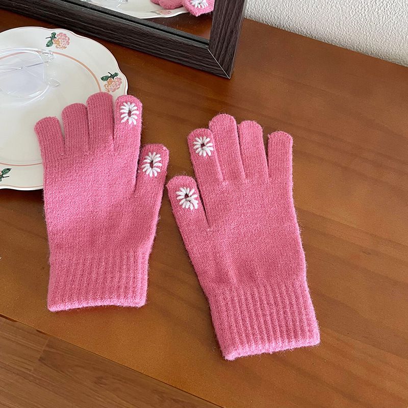 Fashion Pink Daisy Knitted Touchscreen Gloves