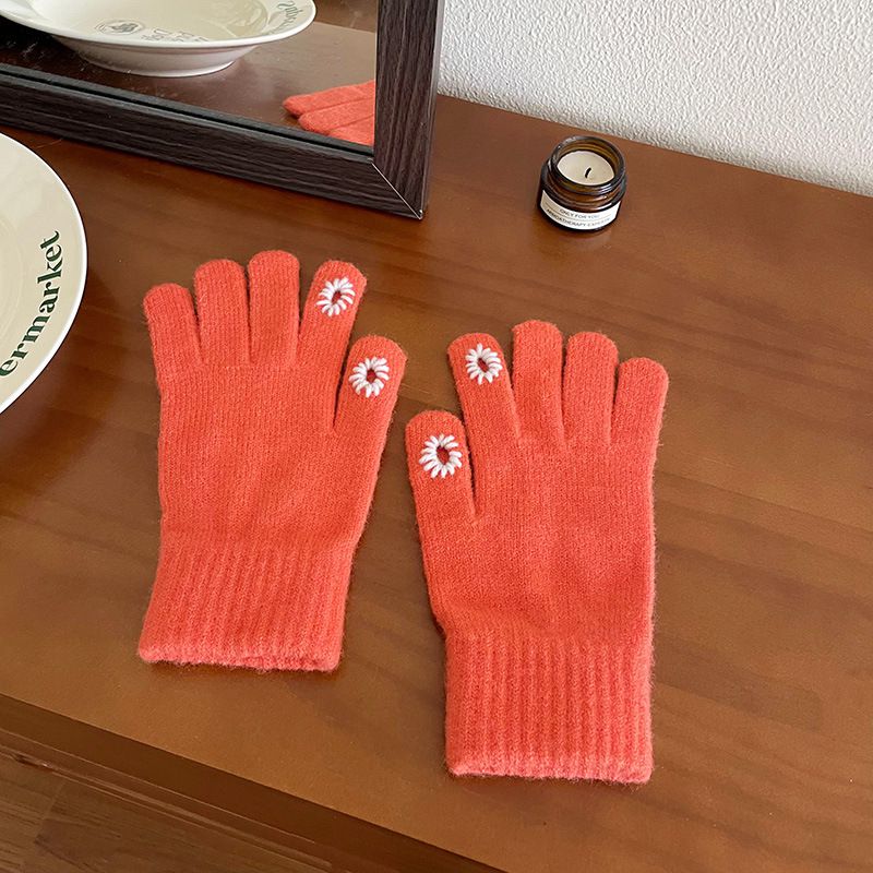 Fashion Orange Daisy Knitted Touchscreen Gloves