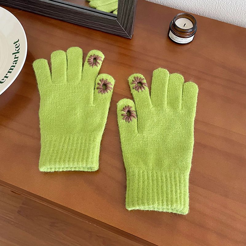 Fashion Green Daisy Knitted Touchscreen Gloves