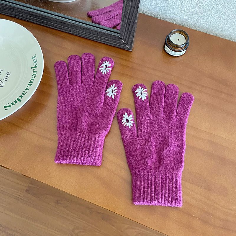 Fashion Purple Daisy Knitted Touchscreen Gloves