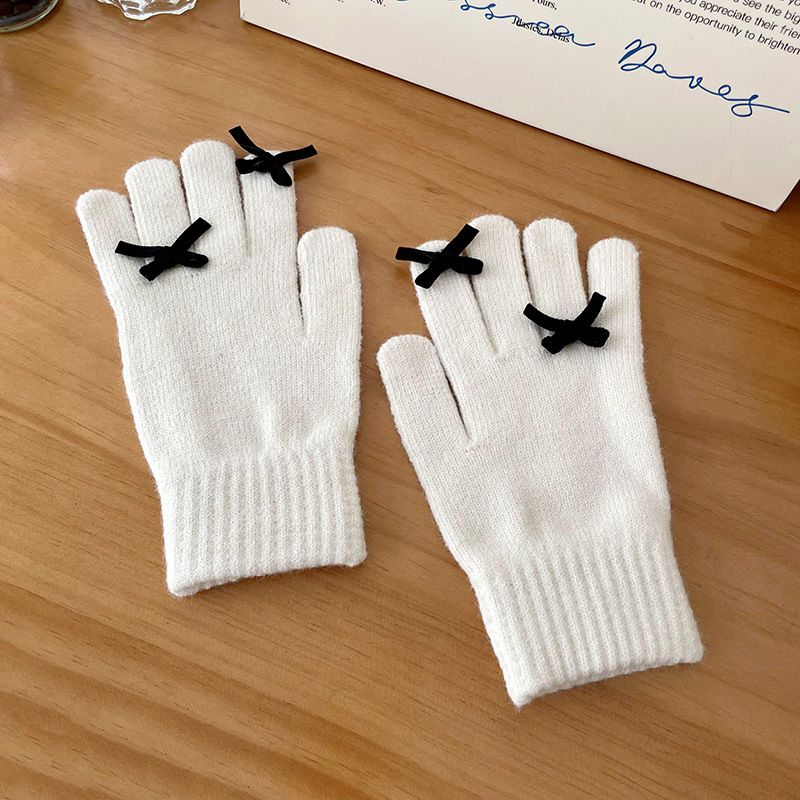 Fashion White Wool Knitted Bow Five-finger Gloves