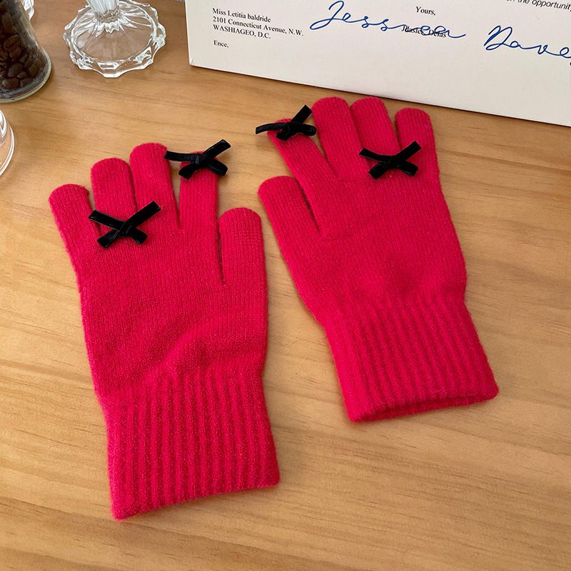 Fashion Red Wool Knitted Bow Five-finger Gloves