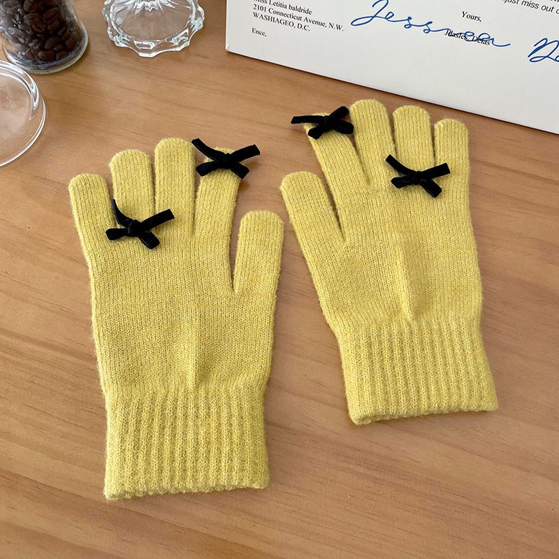 Fashion Yellow Wool Knitted Bow Five-finger Gloves