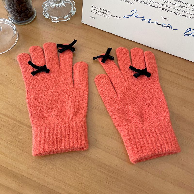 Fashion Orange Wool Knitted Bow Five-finger Gloves