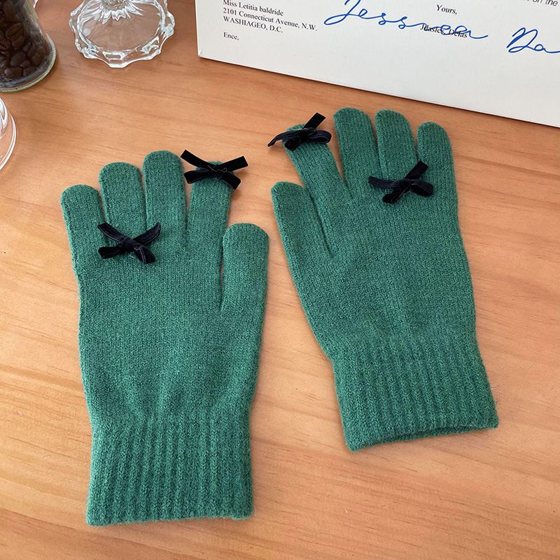 Fashion Dark Green Wool Knitted Bow Five-finger Gloves