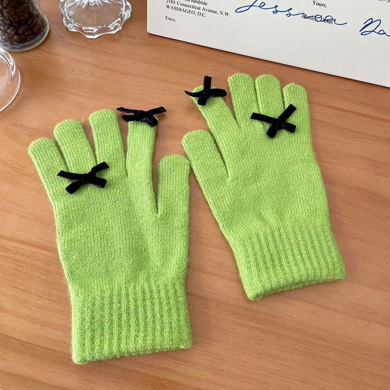 Fashion Avocado Green Wool Knitted Bow Five-finger Gloves