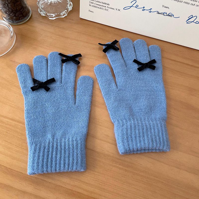 Fashion Haze Blue Wool Knitted Bow Five-finger Gloves