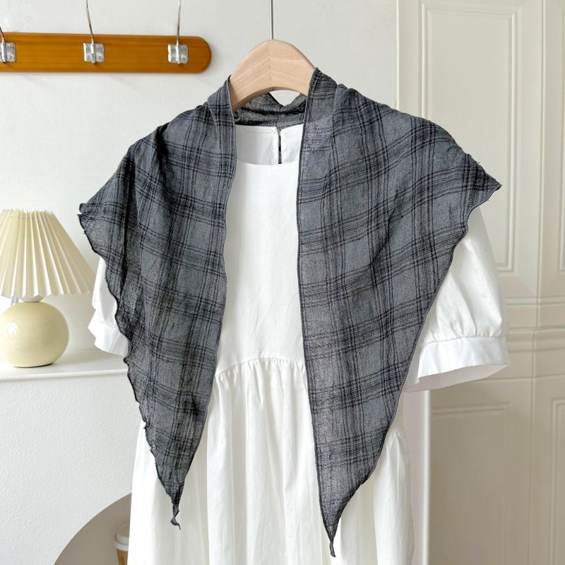 Fashion Grey Cotton And Linen Plaid Triangle Scarf Shawl