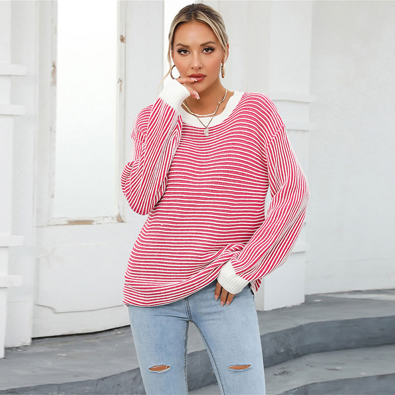 Fashion Rose Red Striped Knit Crewneck Pullover
