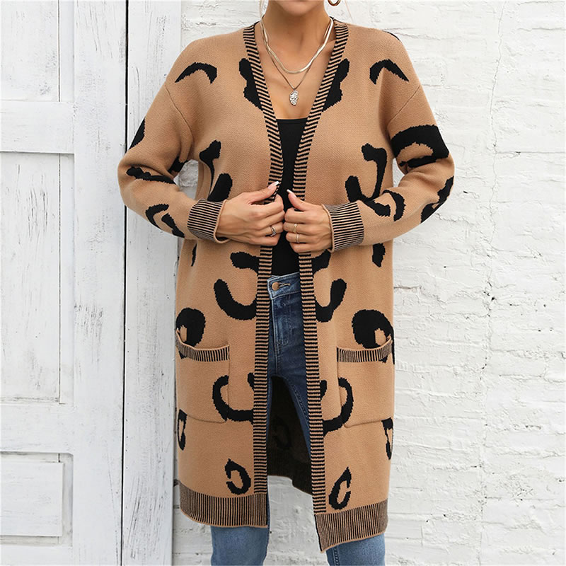 Fashion Khaki Leopard Knit Cardigan Jacket