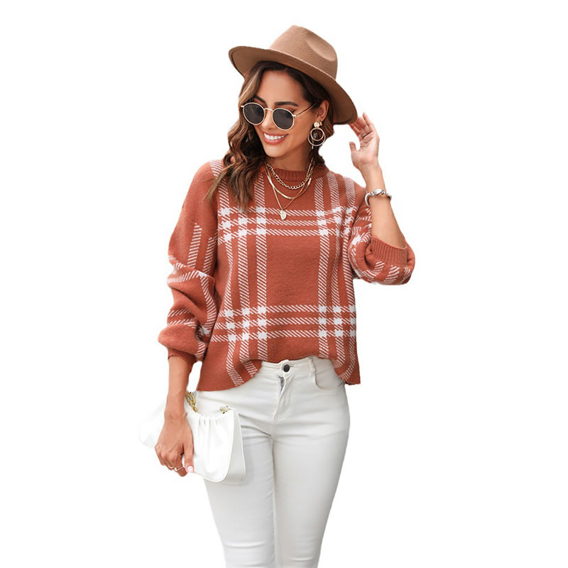 Fashion Camel Plaid Knit Pullover Crew Neck Sweater