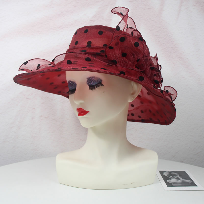 Fashion Claret Organza Floral Polka Dot Sun Hat With Wide Brim