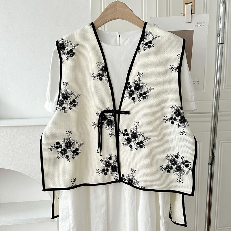Fashion Off White Polyester Embroidered Vest Jacket