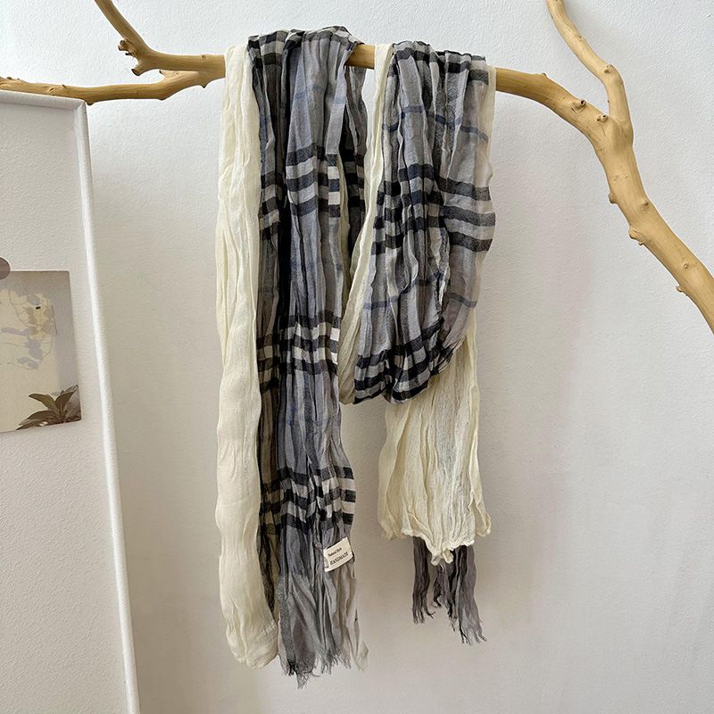 Fashion Apricot Cotton And Linen Plaid Pleated Scarf
