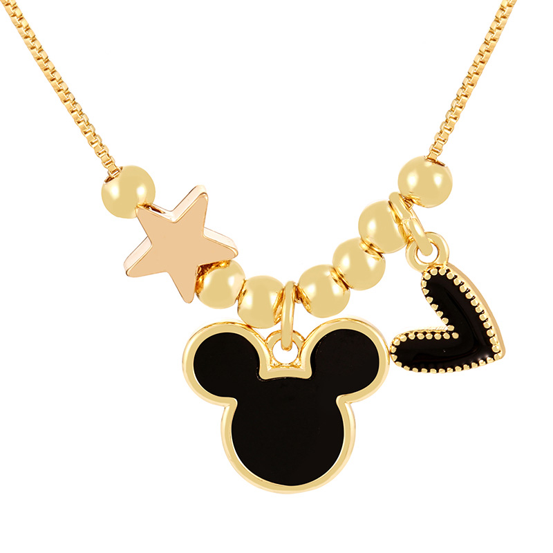 Fashion Black Shell Mickey Drip Oil Heart Pendant Copper Beaded Necklace