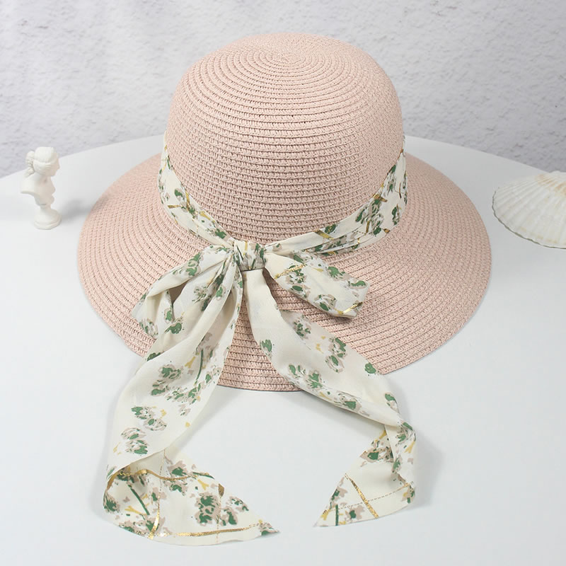 Fashion Pink Straw Wide Brim Print Tie-up Sun Hat
