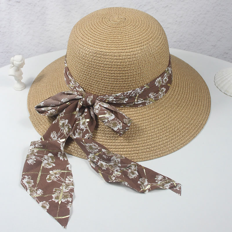 Fashion Camel Straw Wide Brim Print Tie-up Sun Hat