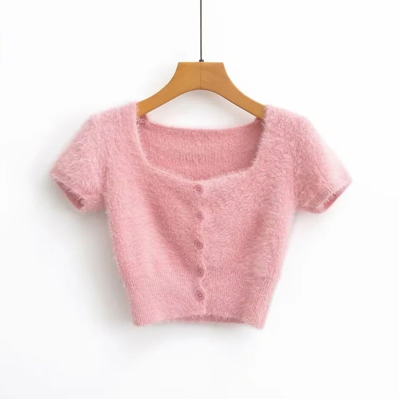 Fashion Pink Plush Knitted Short-sleeved Cardigan Sweater